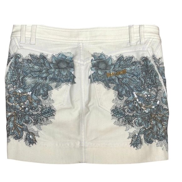 JUST CAVALLI Y2K STYLE SEQUINED FLORAL WHITE MINI JEAN SKIRT SMALL 26"‎ NWT $490 - Picture 3 of 5